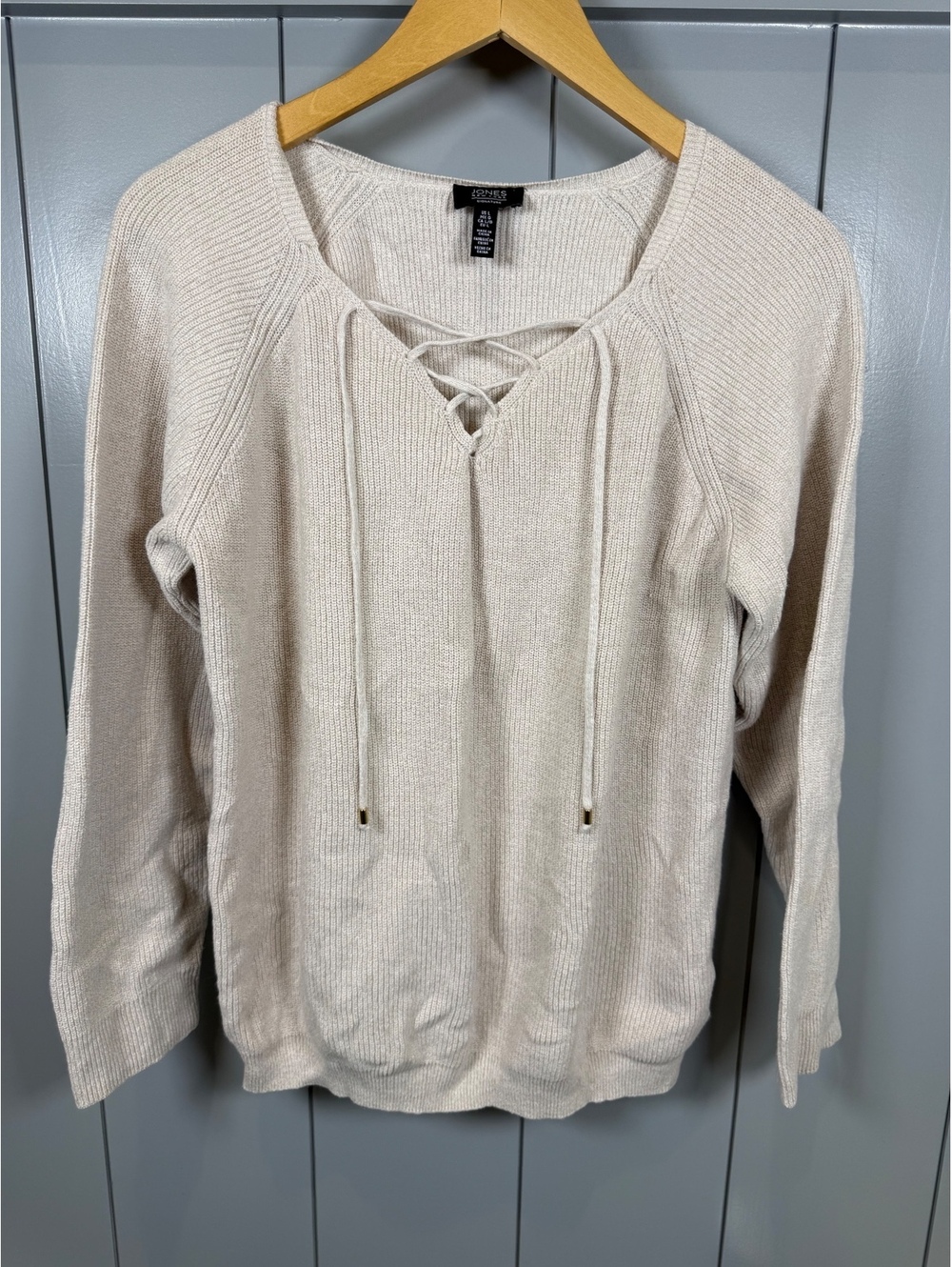 Jones New York Signature Lace-Up Cotton Peasant Sweater Beige Neutral Aesthetic